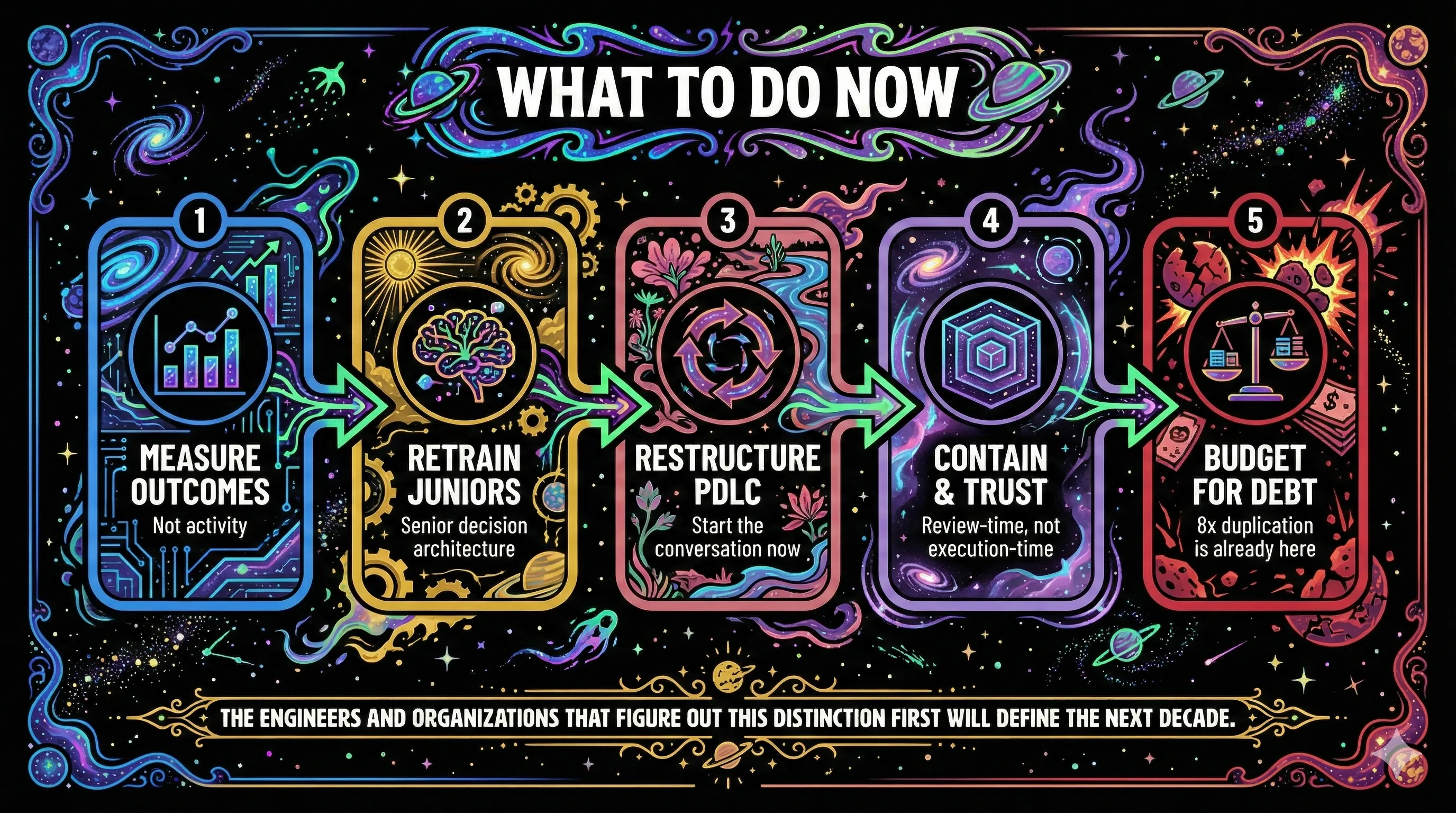 Five connected nodes showing the action blueprint: Measure Outcomes, Retrain Juniors, Restructure PDLC, Contain and Trust, Budget for Debt