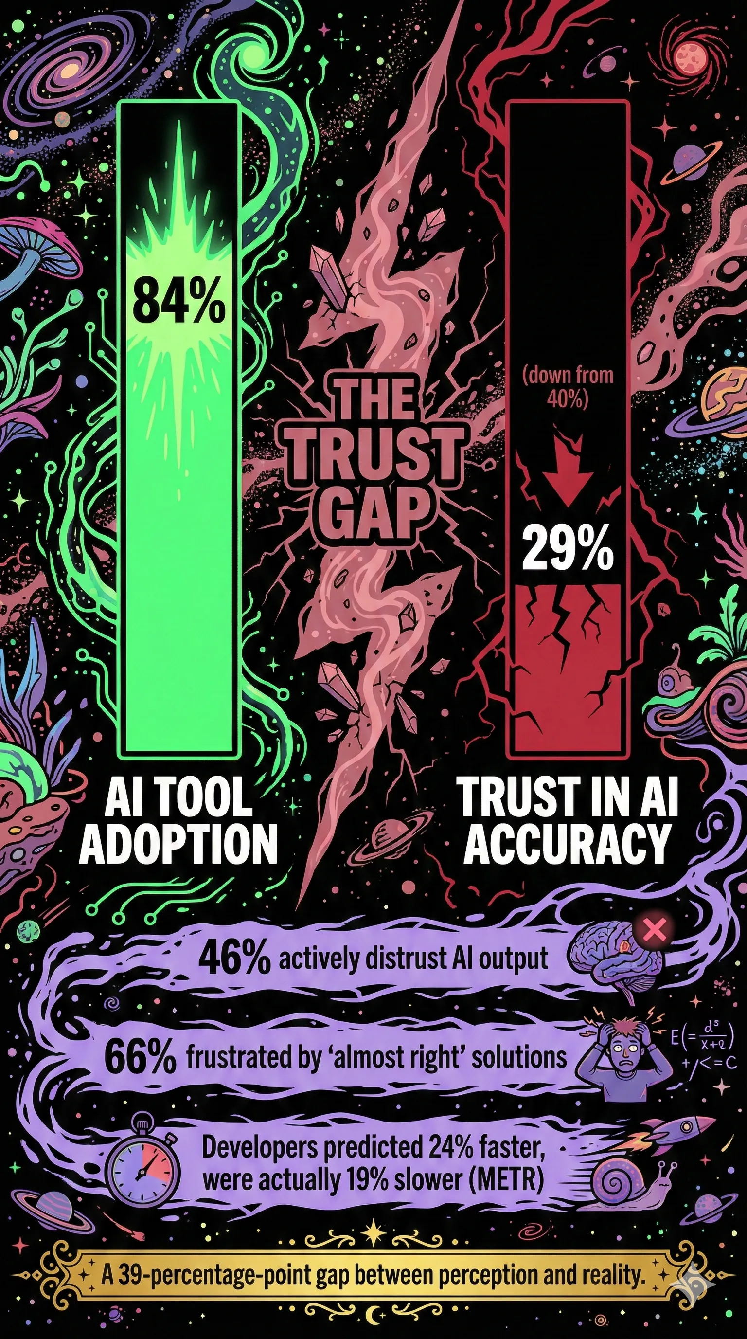 Two vertical bars showing 84% AI tool adoption towering over 29% trust, separated by a lightning-bolt chasm representing the trust gap