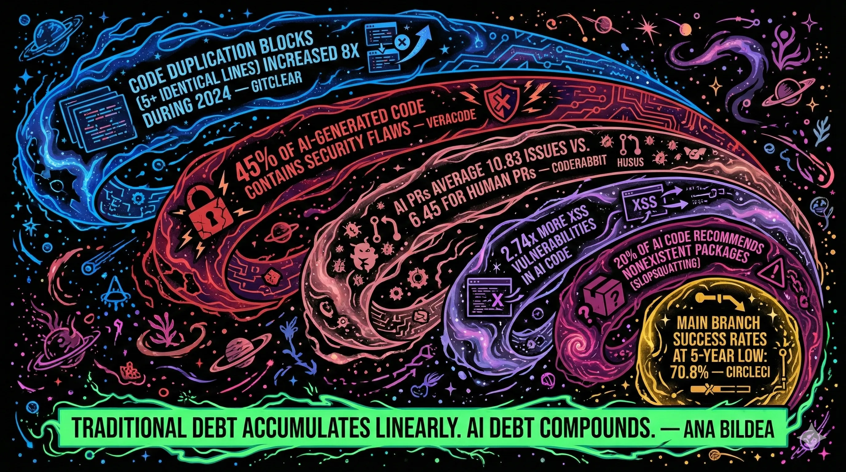 A tightening downward spiral mapping compounding AI-generated technical debt with data points from GitClear, Veracode, CodeRabbit, and CircleCI