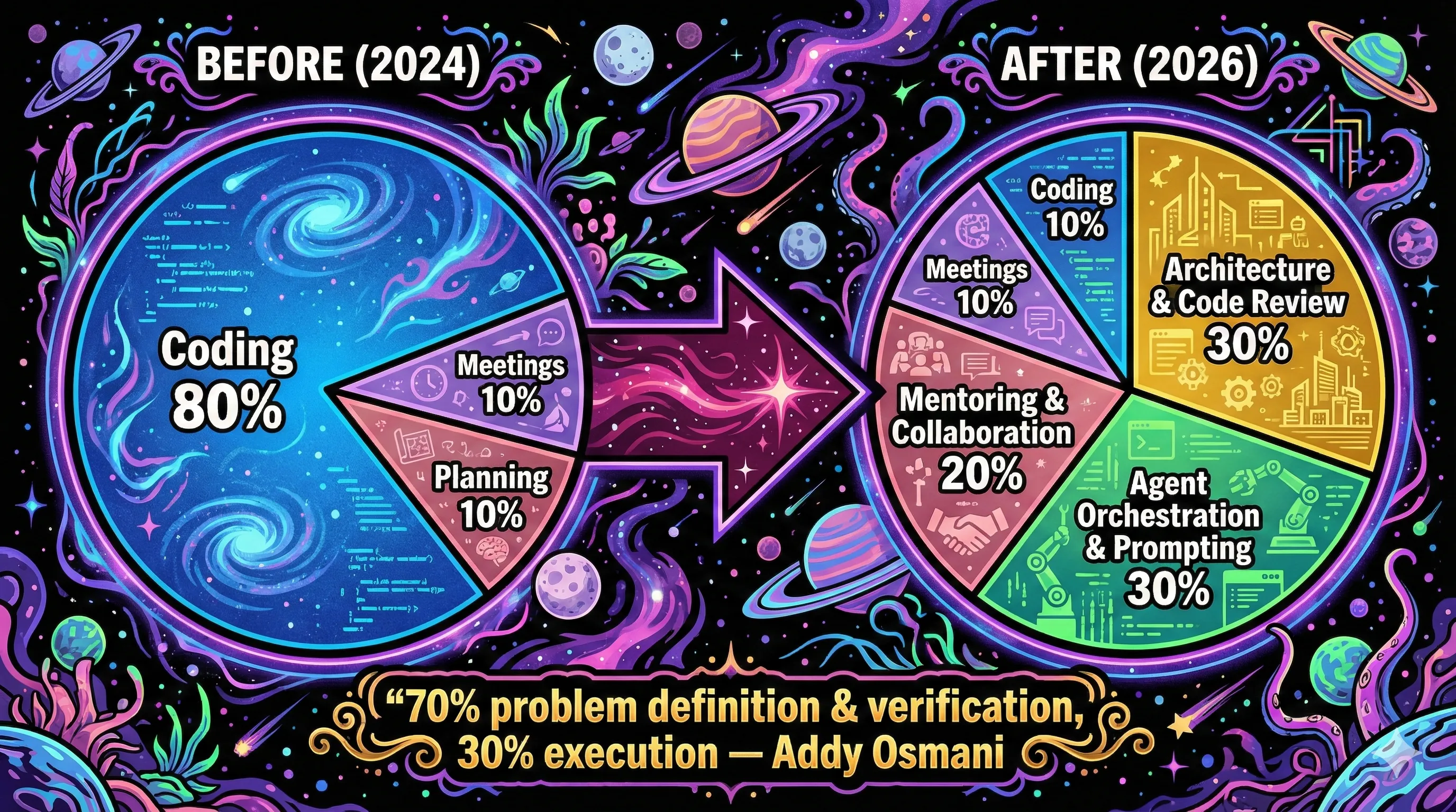 Side-by-side pie charts comparing 2024 engineer time allocation (80% coding) against 2026 (30% architecture, 30% orchestration, 10% coding)