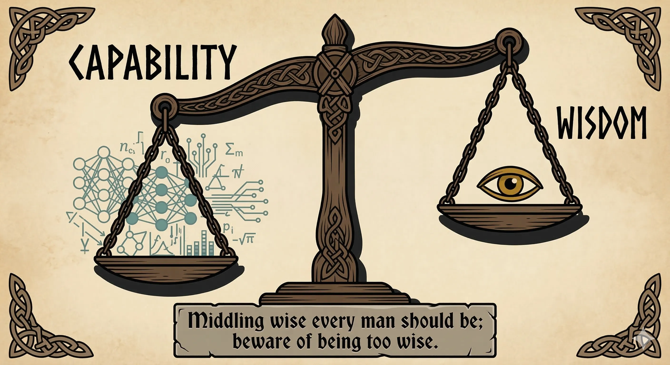 A Viking-age balance scale with capability weighing heavily against wisdom