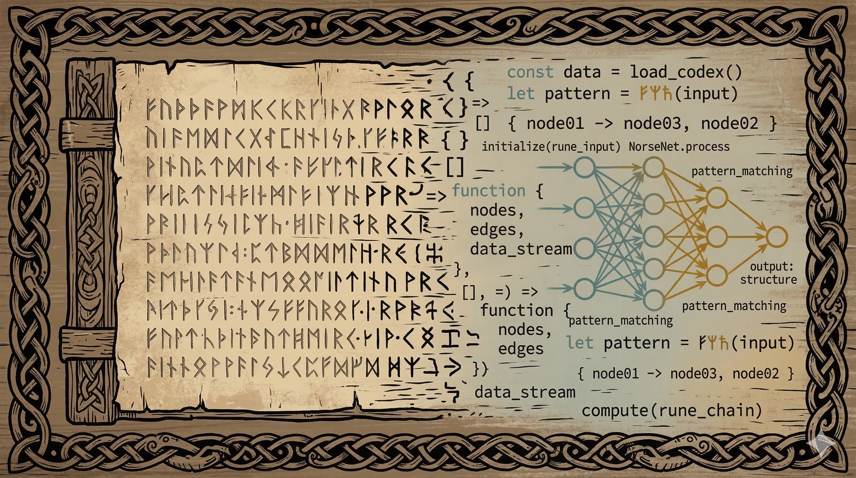 A weathered manuscript page with rune inscriptions gradually transitioning into lines of code and neural network diagrams