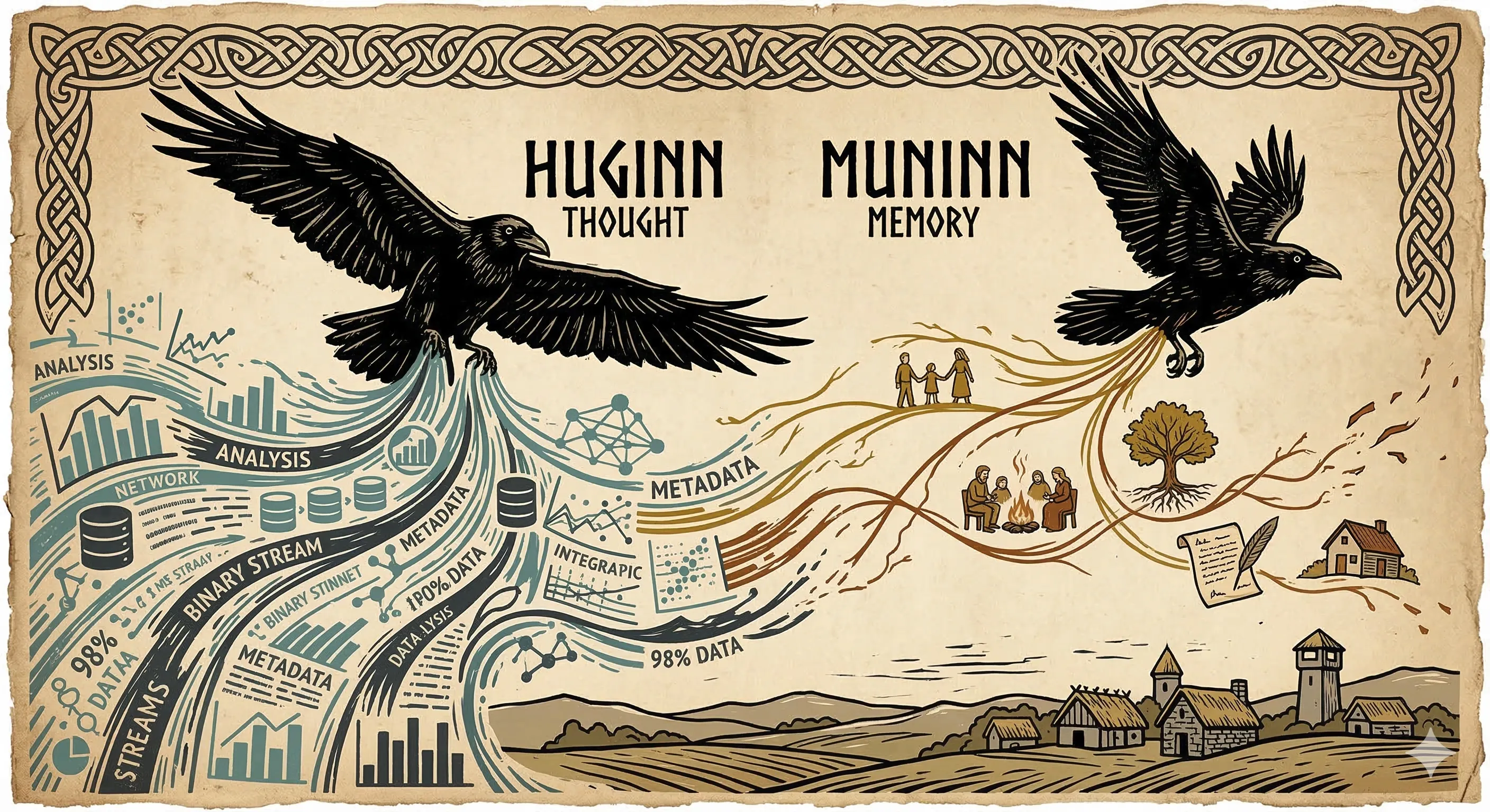 Two ravens in flight — Huginn surrounded by data streams, Muninn trailing fraying threads of human context