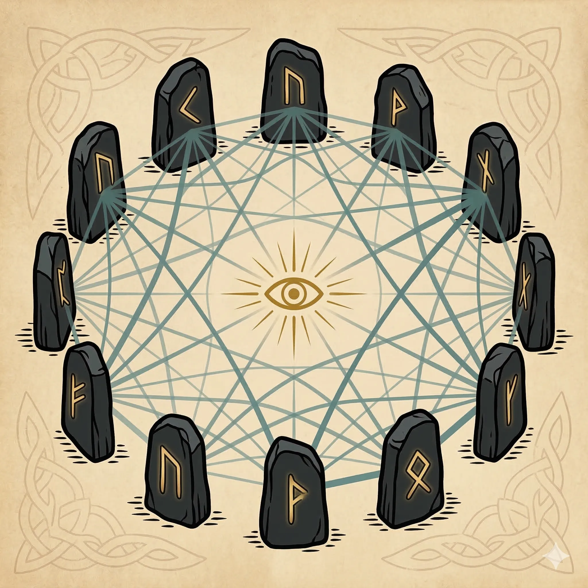 Rune stones arranged in a circle with neural network connections glowing between them