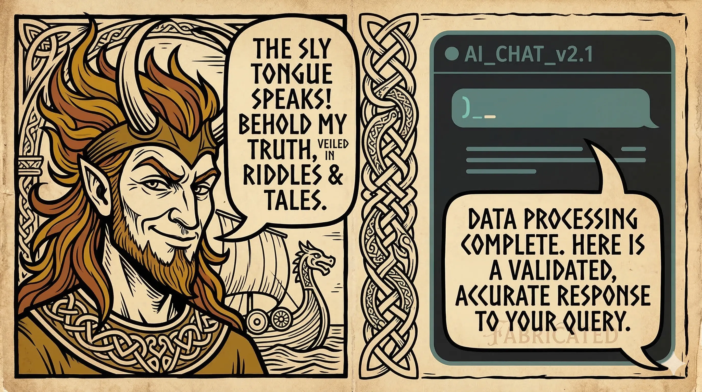 Loki's charming face transitioning into an AI chat interface, both producing identical-looking speech bubbles