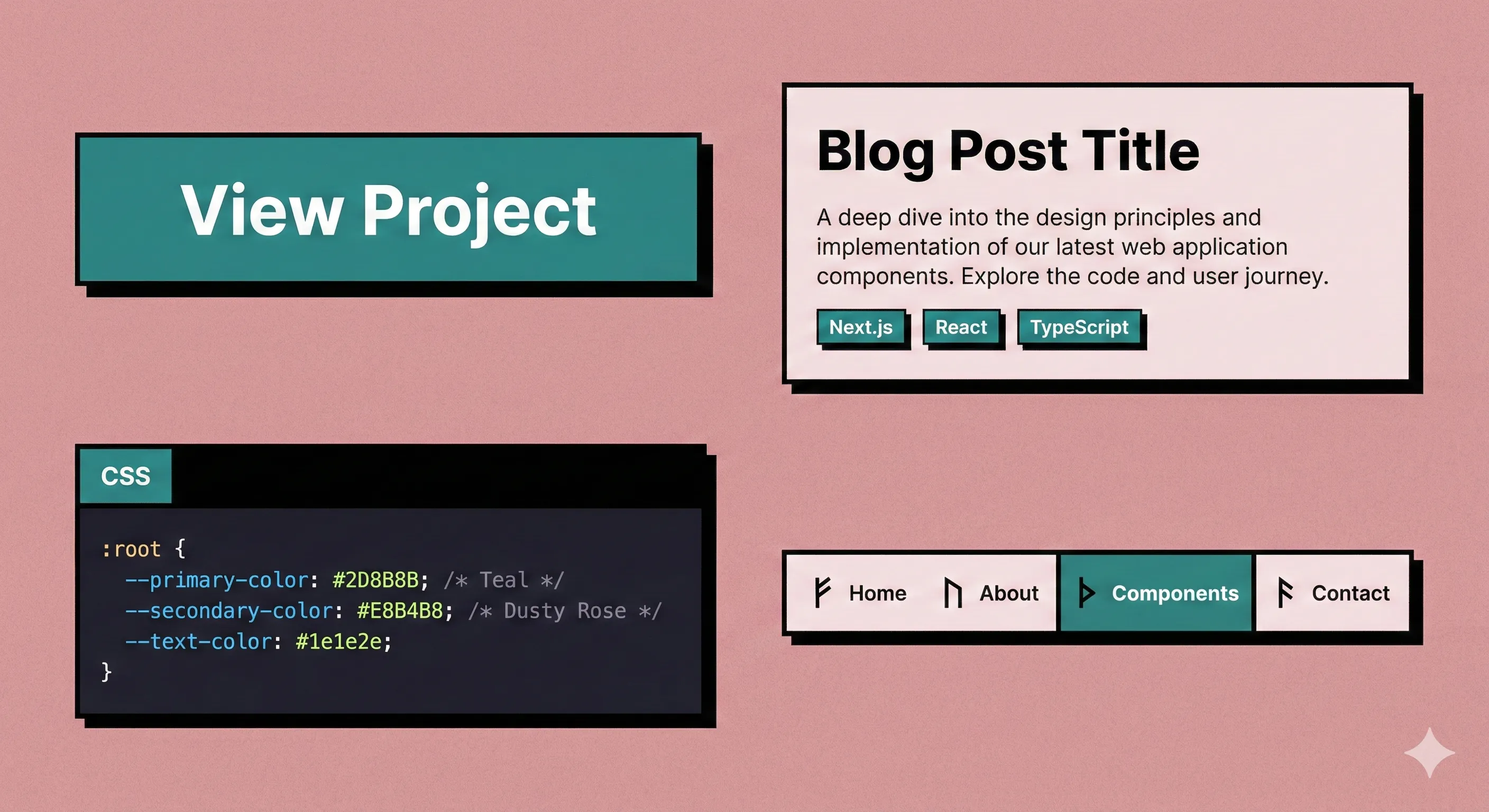 Neobrutalist component showcase showing buttons, cards, and code blocks with hard-offset shadows, bold 3px borders, dusty rose background, and teal accent colors